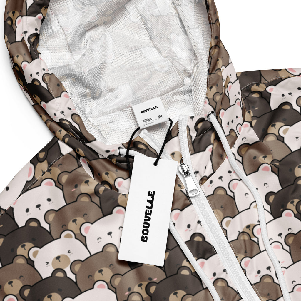 Women’s bear face cropped windbreaker by bouvelle with playful brown and white bear pattern lightweight hooded jacket