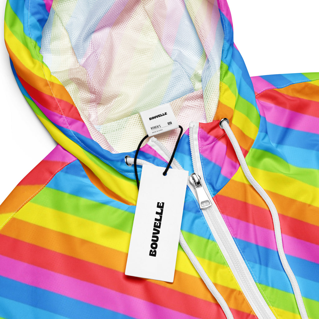 Women’s rainbow stripe cropped hooded windbreaker by bouvvelle with mesh lining white zipper lightweight and water resistant