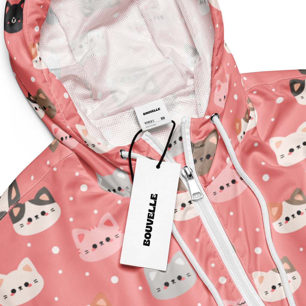 Women’s cute pink cat faces cropped windbreaker with white zipper and drawstrings lightweight water resistant jacket