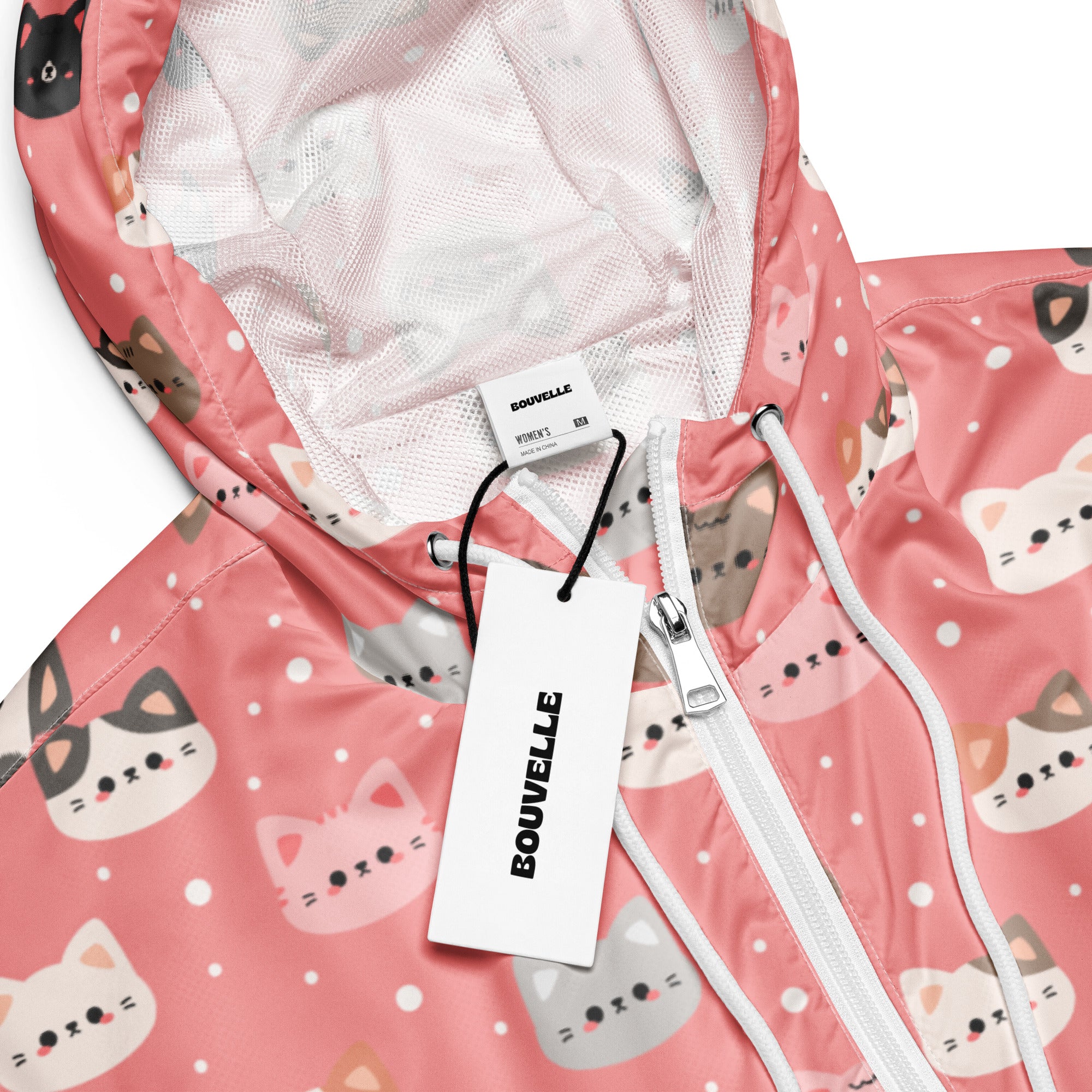 Women’s cute pink cat faces cropped windbreaker with white zipper and drawstrings lightweight water resistant jacket