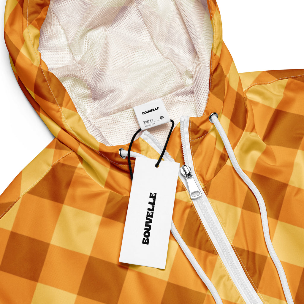 Women’s orange gingham cropped windbreaker with hood white mesh lining and bouvvelle brand tag lightweight jacket