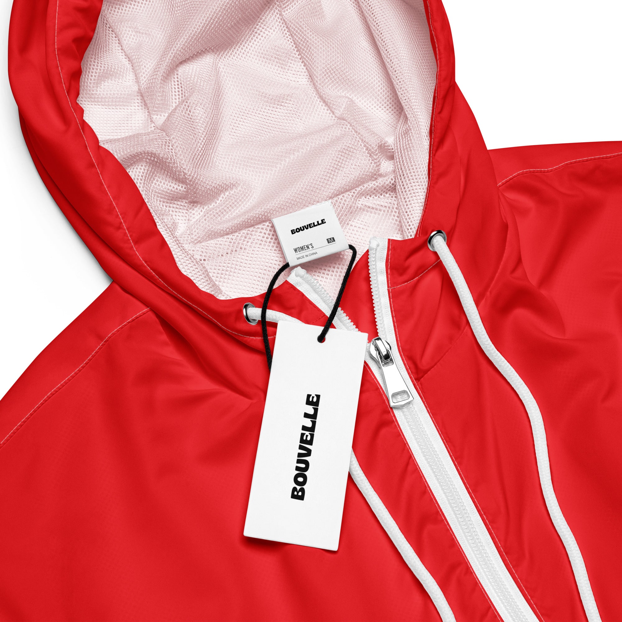 Women’s red cropped bouvelle hooded jacket with white zipper and mesh lining lightweight water resistant design