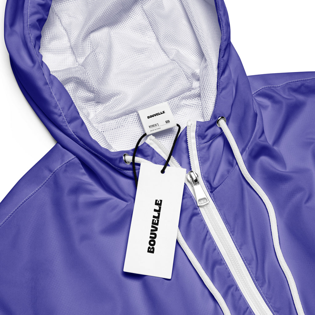 Women’s purple bouvvelle cropped windbreaker with white zipper mesh lining lightweight water resistant hooded jacket