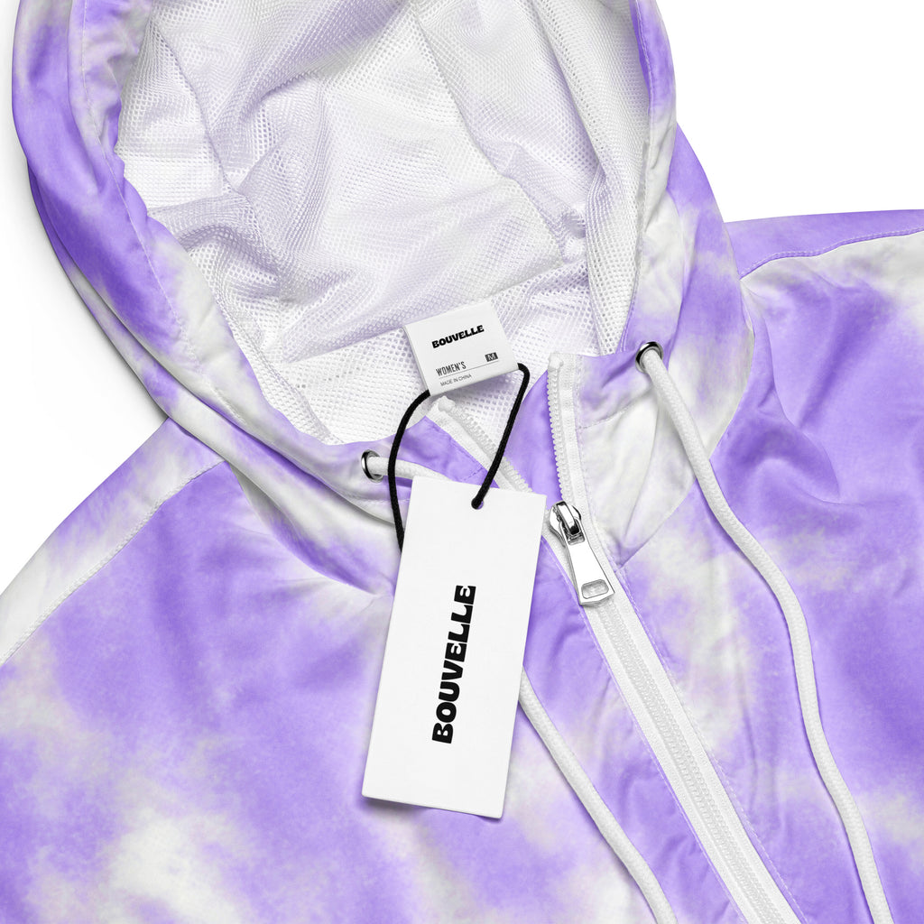 Women’s purple lavender and white tie dye cropped windbreaker with mesh lined hood and bouvelle brand tag