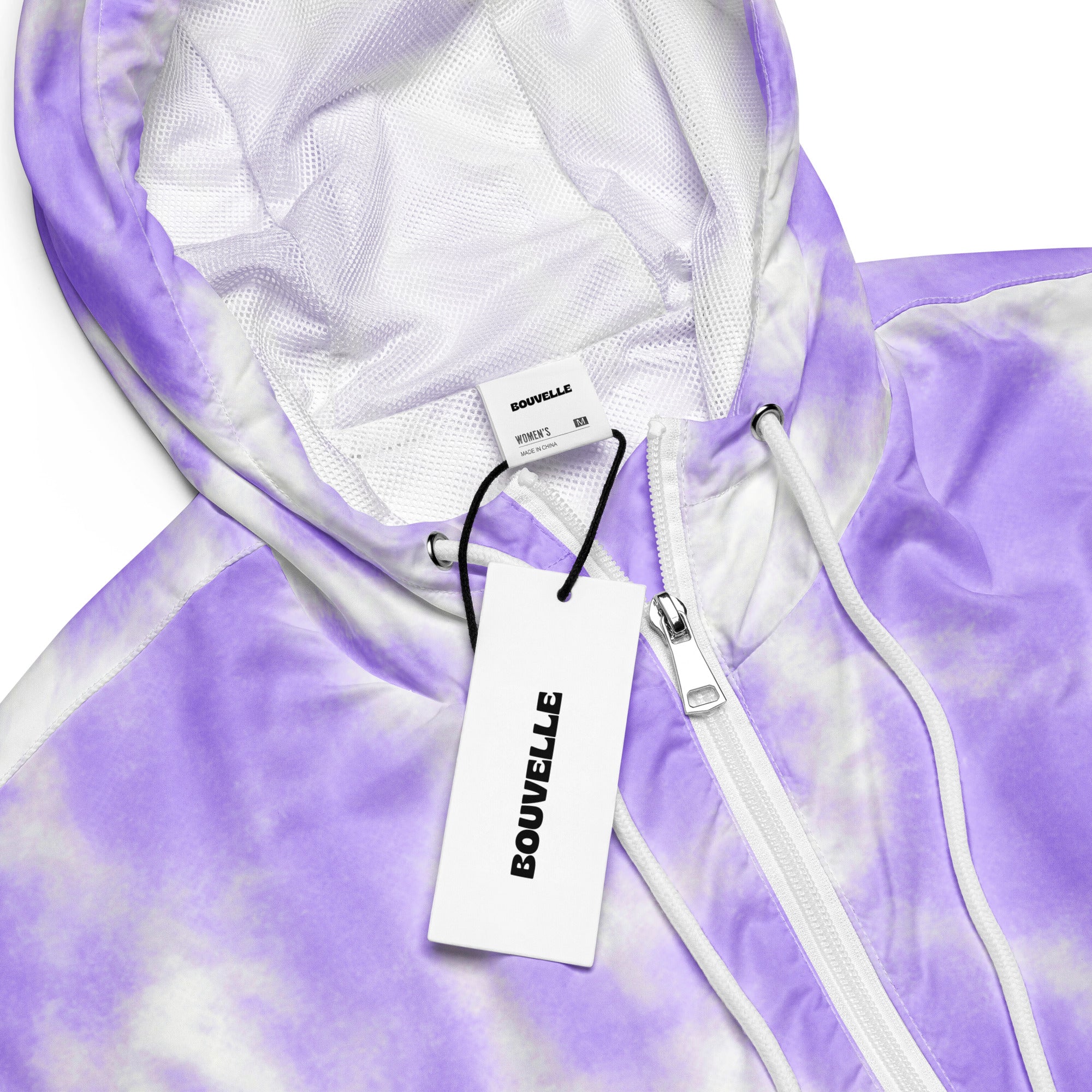 Women’s purple lavender and white tie dye cropped windbreaker with mesh lined hood and bouvelle brand tag