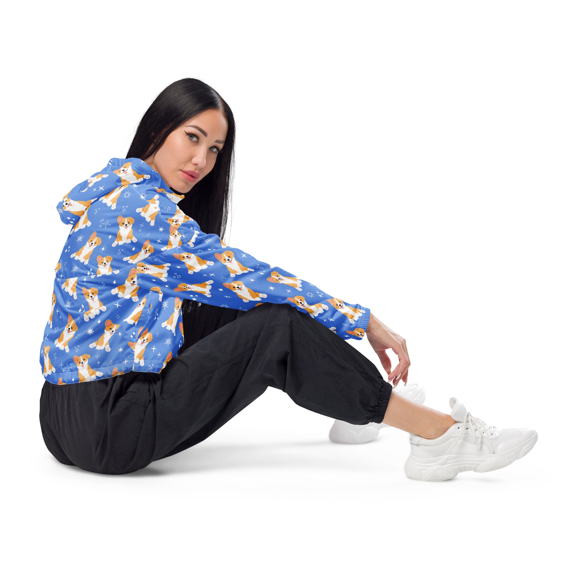 Women’s blue cropped windbreaker with corgi dog and snowflake pattern lightweight water resistant jacket with hood