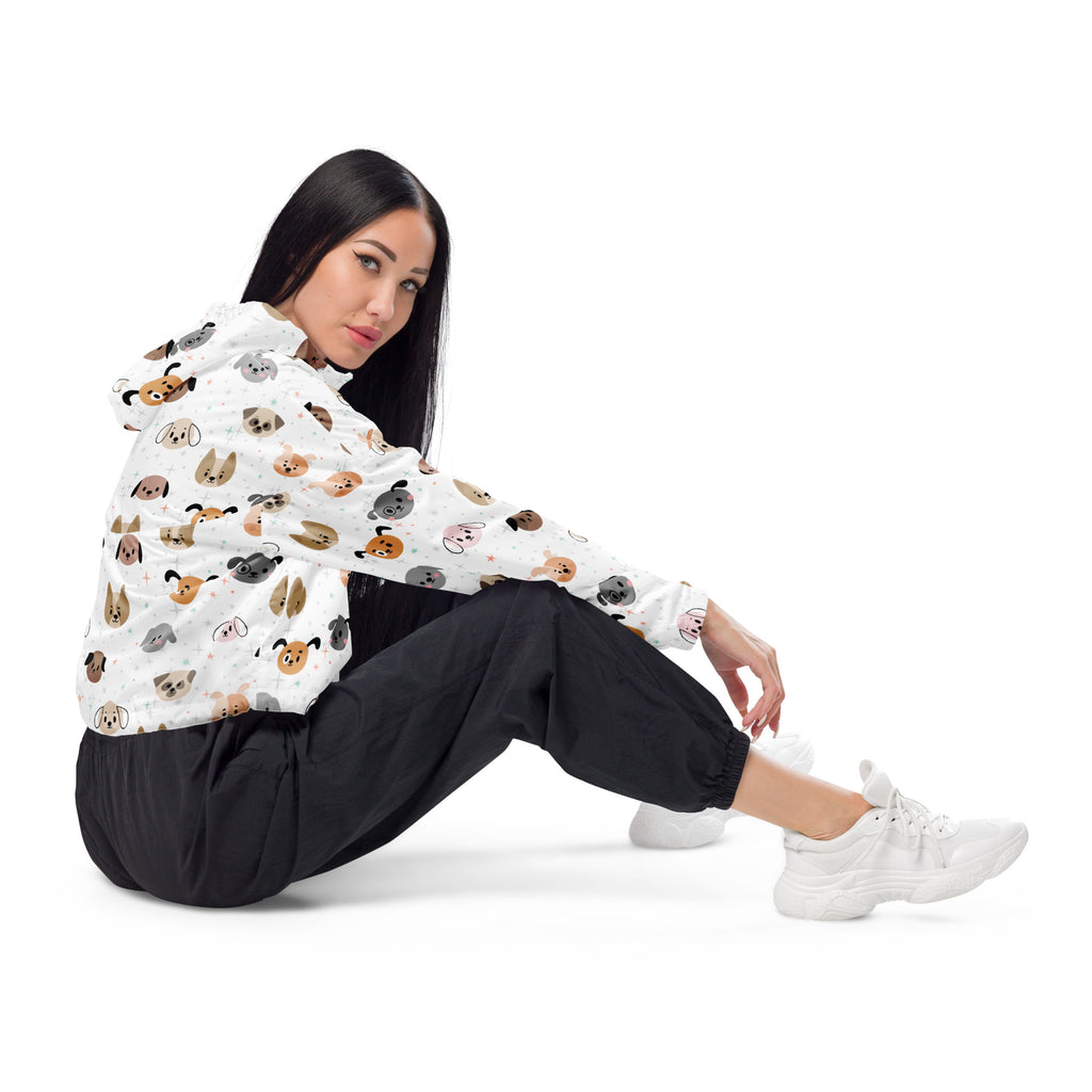 White hooded lightweight windbreaker jacket with colorful cartoon dog pattern adjustable hood and pockets for women