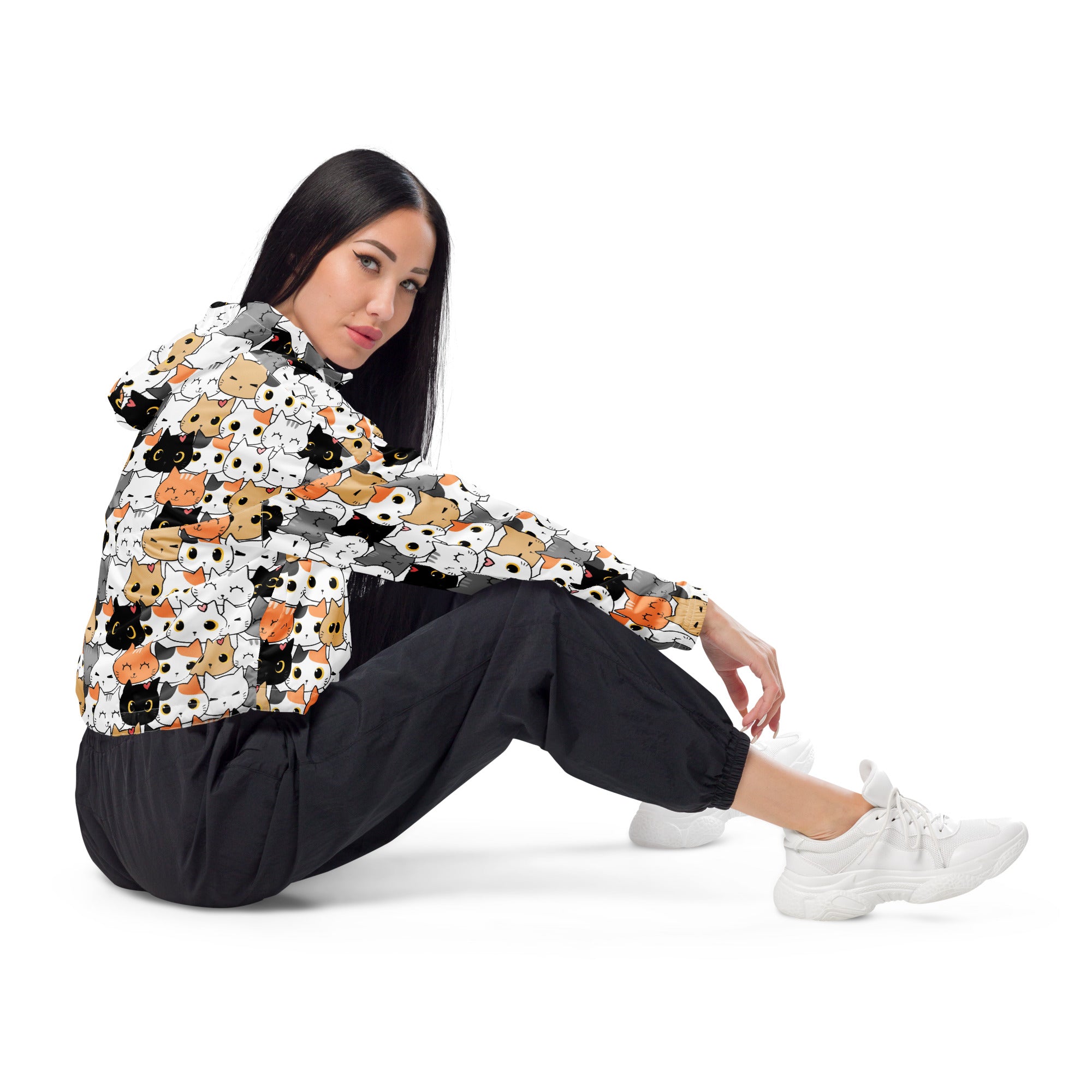 White hooded women’s cat face cropped windbreaker with playful black orange and gray cartoon cat pattern and pockets