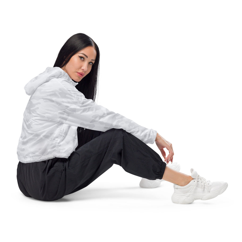 Women’s white camouflage cropped windbreaker with subtle pattern lightweight fabric adjustable hood and pockets