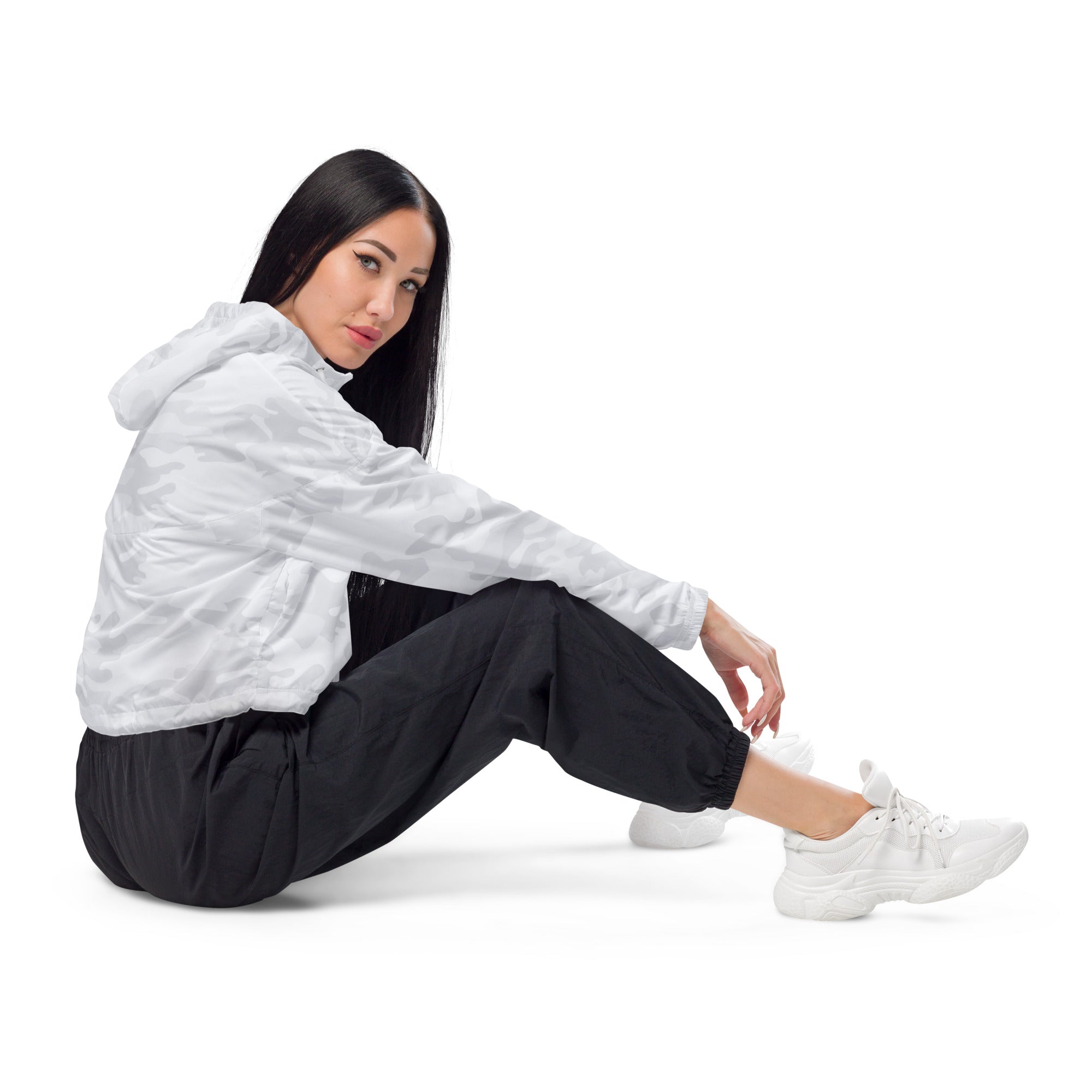 Women’s white camouflage cropped windbreaker with subtle pattern lightweight fabric adjustable hood and pockets