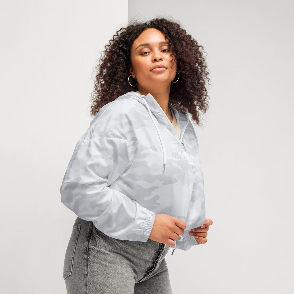 Light gray camouflage women’s cropped windbreaker jacket with adjustable hood lightweight and water resistant