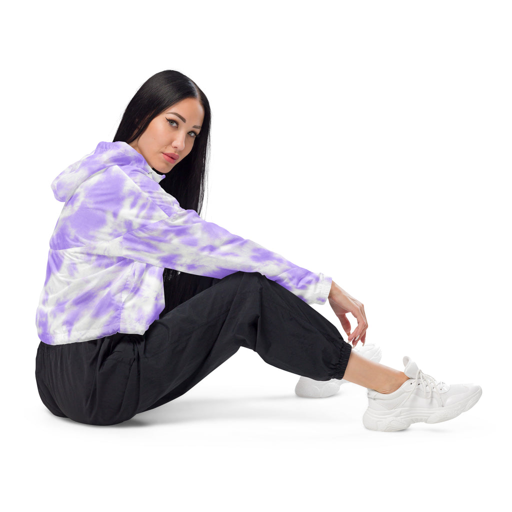 Women’s purple and white tie dye cropped windbreaker jacket with hood and pockets lightweight and water resistant