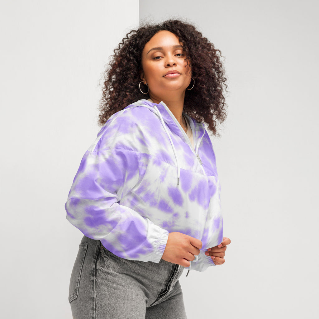 Women’s purple tie dye cropped windbreaker zip-up hoodie with lavender and white drawstring hood and pockets