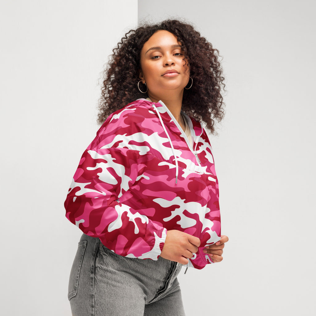 Women’s bright pink cropped windbreaker with pink and white camouflage pattern shiny nylon finish lightweight jacket