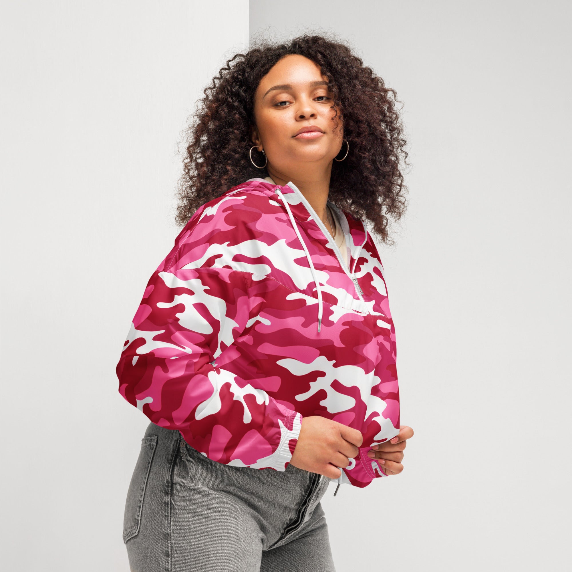 Women’s bright pink cropped windbreaker with pink and white camouflage pattern shiny nylon finish lightweight jacket