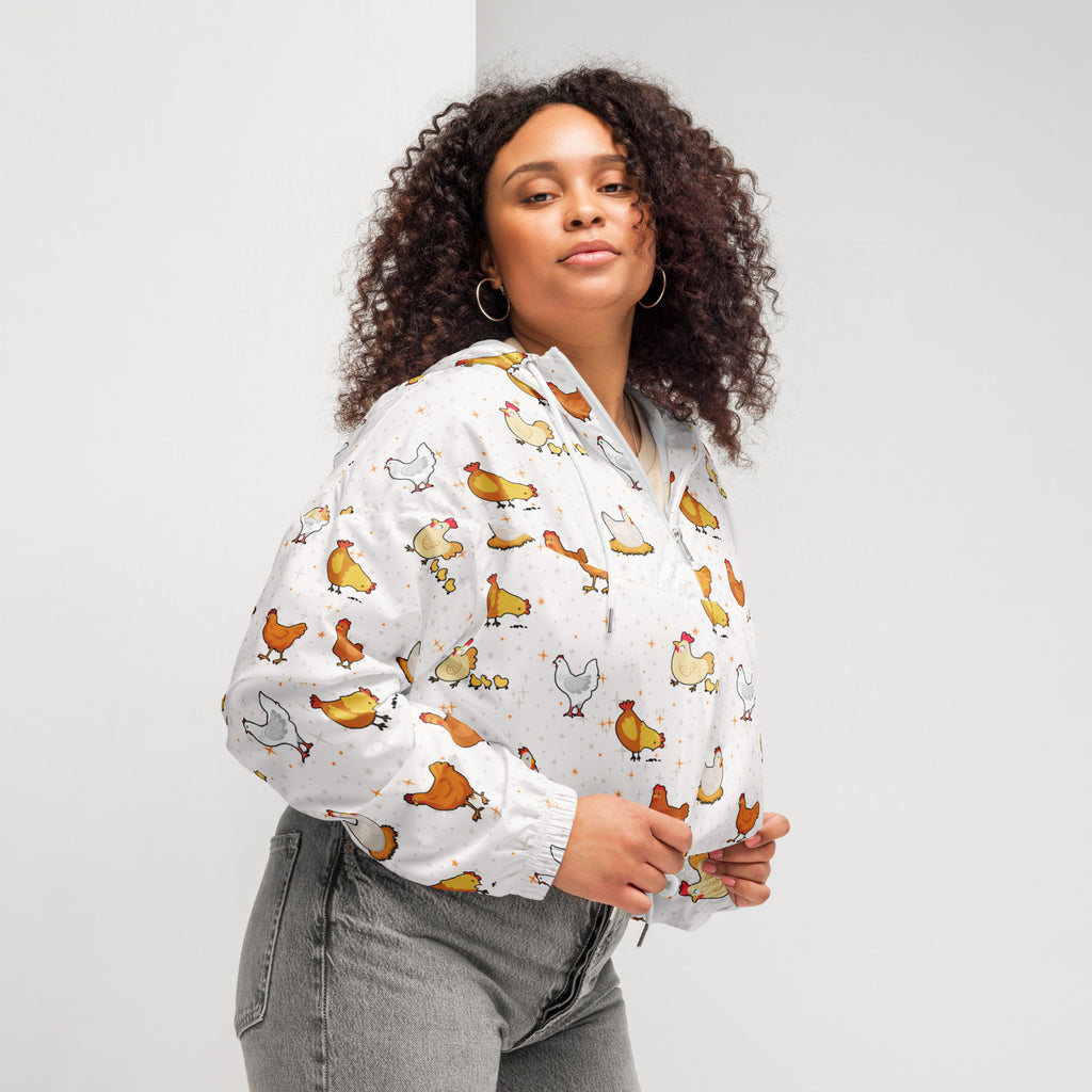 Women’s white hooded cropped windbreaker with colorful cartoon chickens lightweight water resistant jacket with pockets