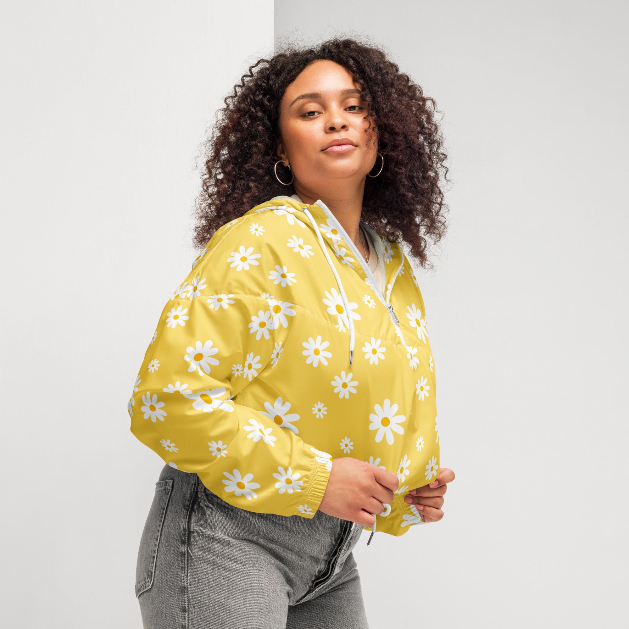 Women’s yellow daisy cropped windbreaker lightweight water resistant bomber jacket with adjustable hood and pockets