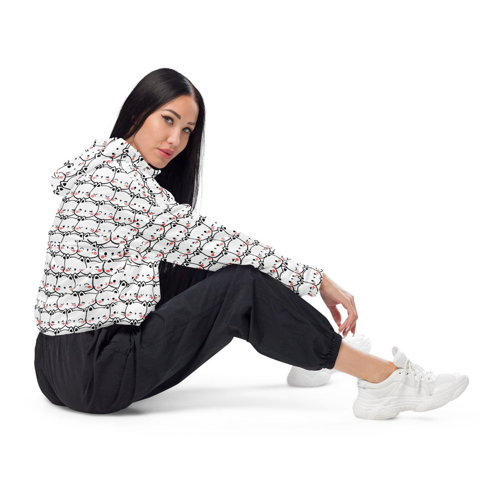 White hooded cropped windbreaker with cartoon cat pattern black outlines red accents lightweight and water resistant