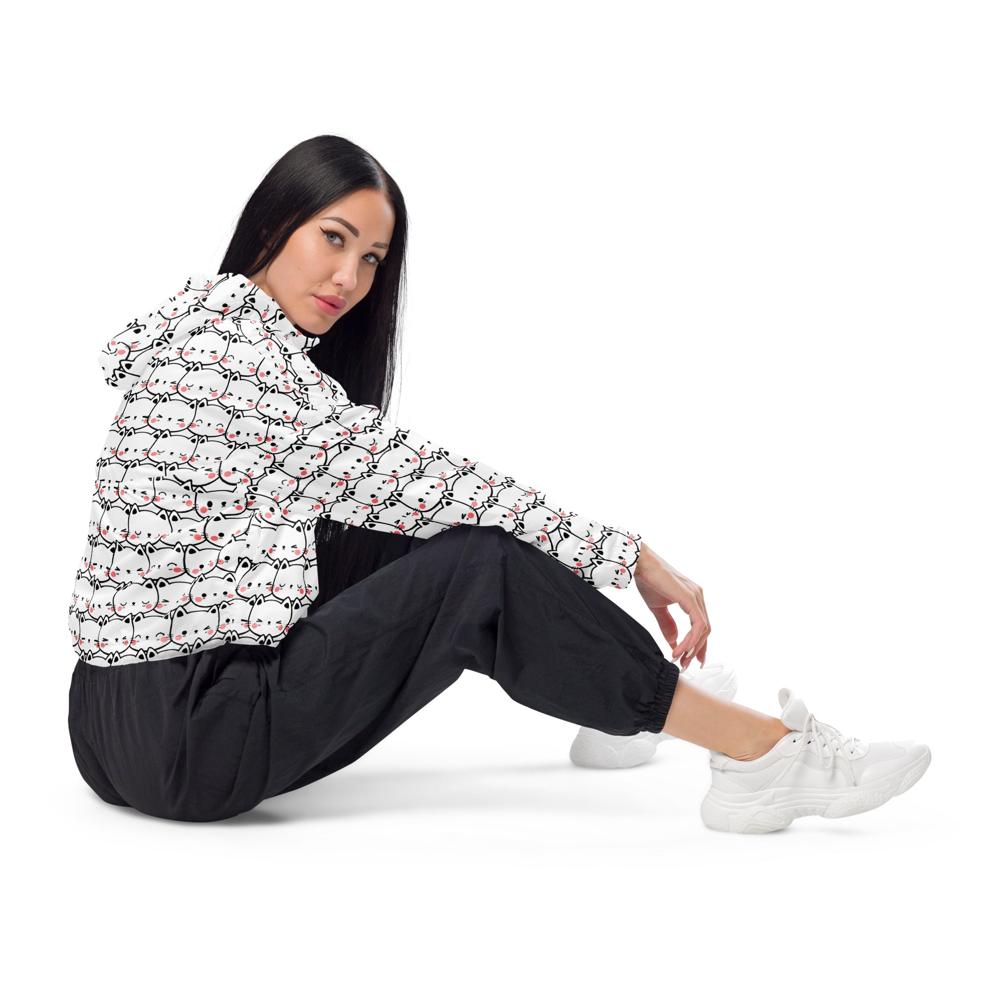 White hooded cropped windbreaker with cartoon cat pattern black outlines red accents lightweight and water resistant