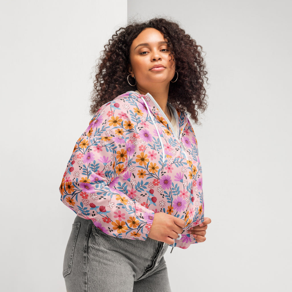 Women’s pink floral cropped windbreaker with white drawstring elastic cuffs lightweight water resistant jacket