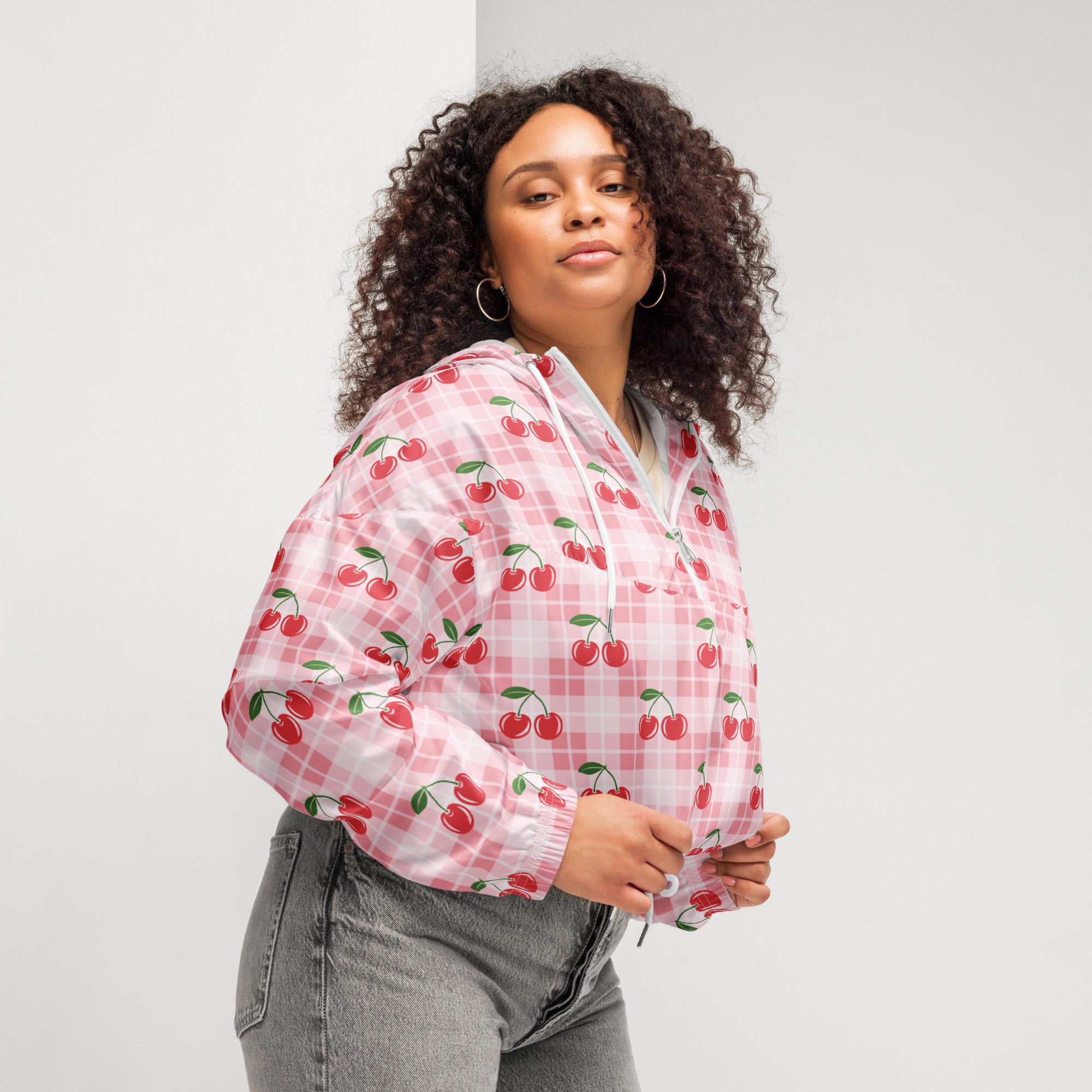 Women’s pink and white checkered bomber jacket with red cherry prints lightweight water resistant with adjustable hood and pockets