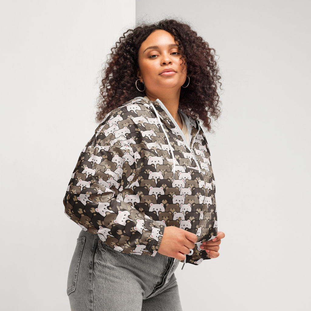 Women’s bear face cropped puffy bomber jacket in gray and white with cartoon bear pattern and adjustable hood