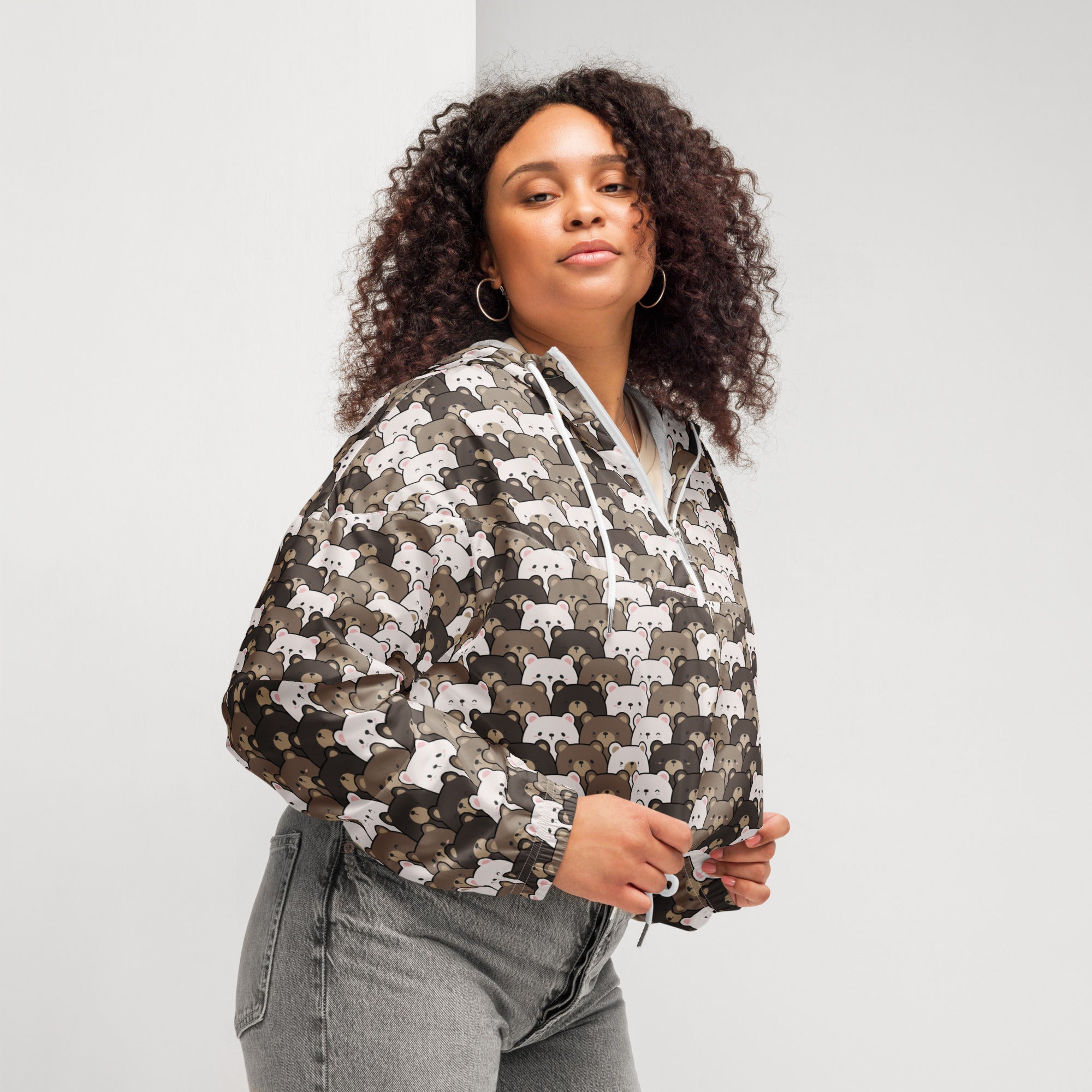 Women’s bear face cropped puffy bomber jacket in gray and white with cartoon bear pattern and adjustable hood