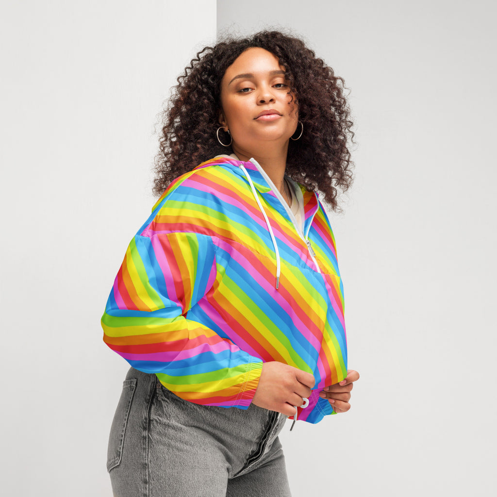 Women’s rainbow stripe cropped windbreaker with adjustable hood white drawstring lightweight water resistant jacket