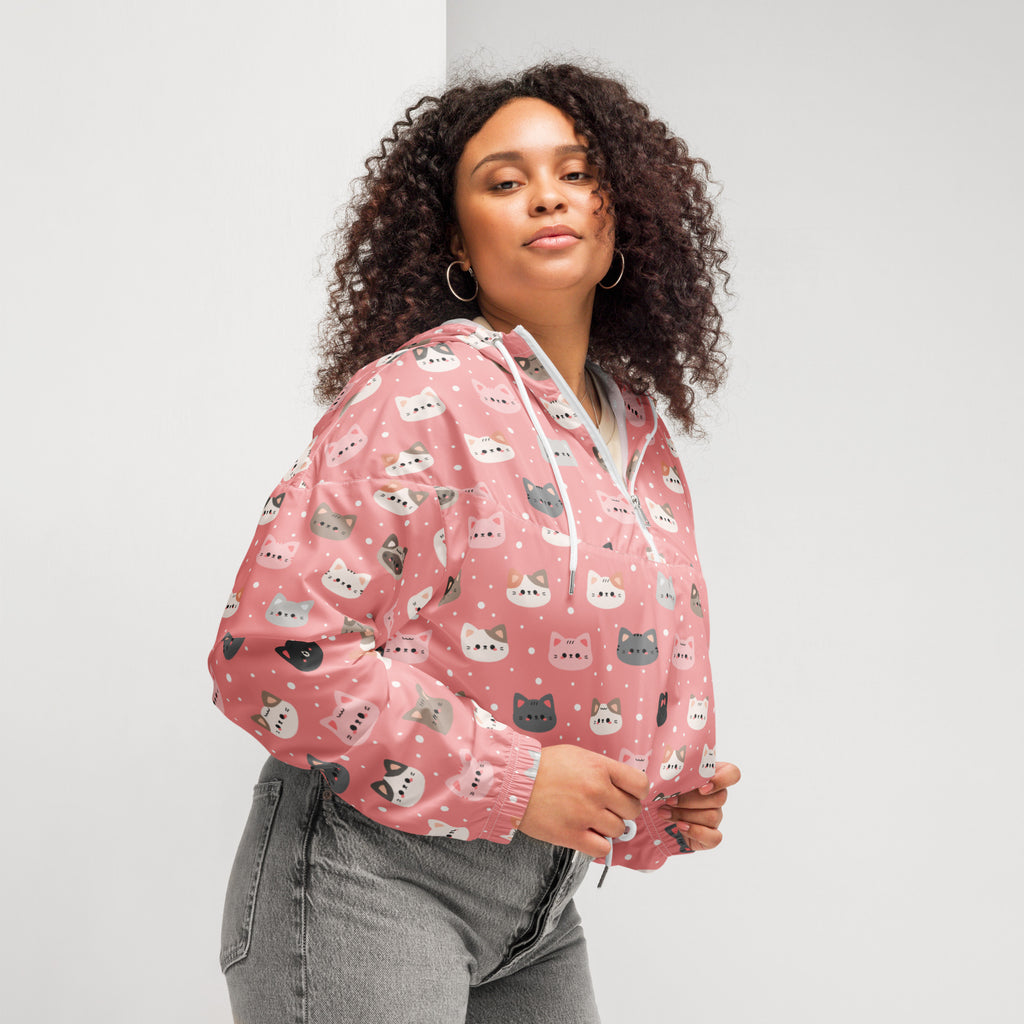 Women’s cute pink cat faces cropped windbreaker lightweight water resistant jacket with adjustable hood and pockets
