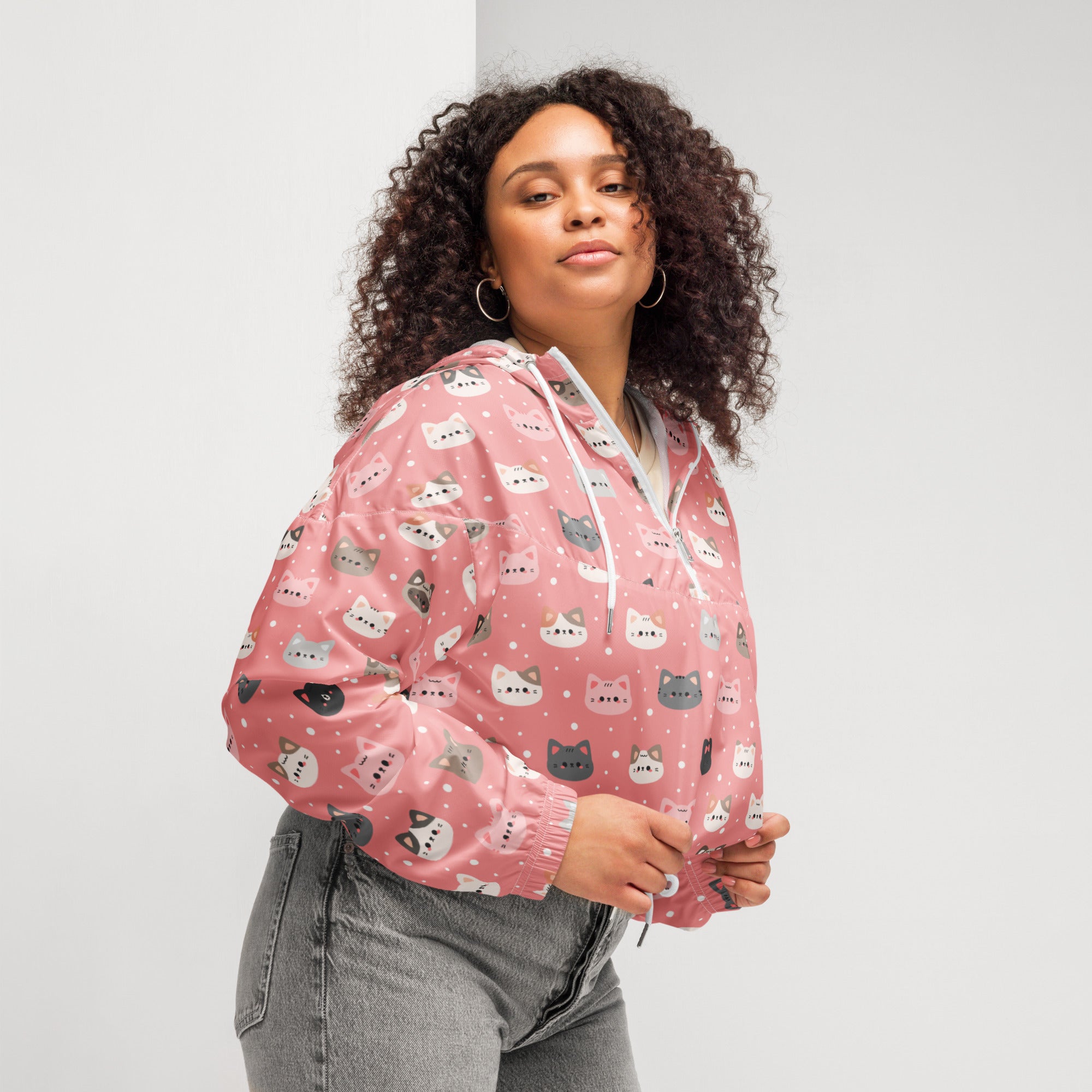 Women’s cute pink cat faces cropped windbreaker lightweight water resistant jacket with adjustable hood and pockets
