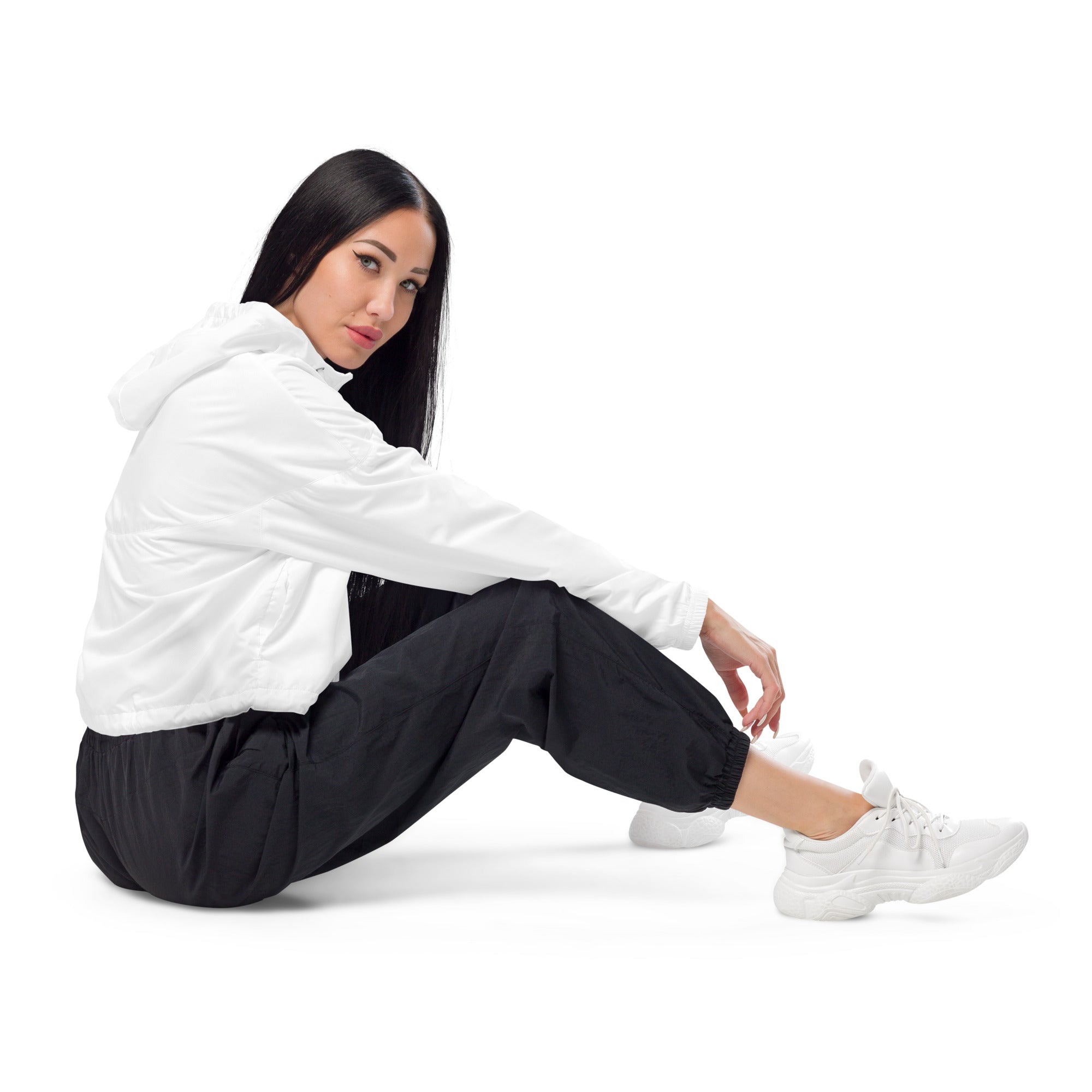 Women’s white cropped windbreaker with a hood made of sleek lightweight water resistant fabric and pockets