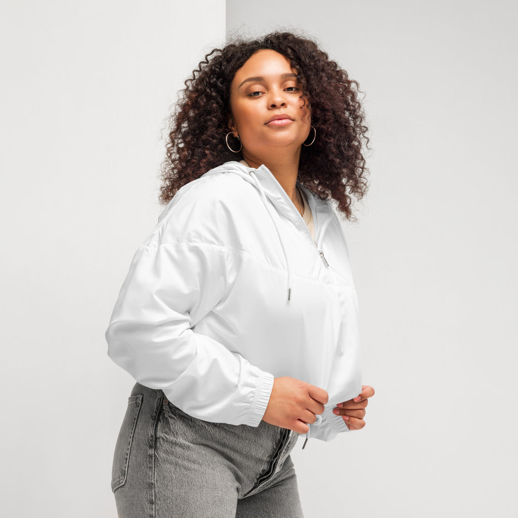 White hooded cropped windbreaker for women with front zipper elastic cuffs lightweight and water resistant