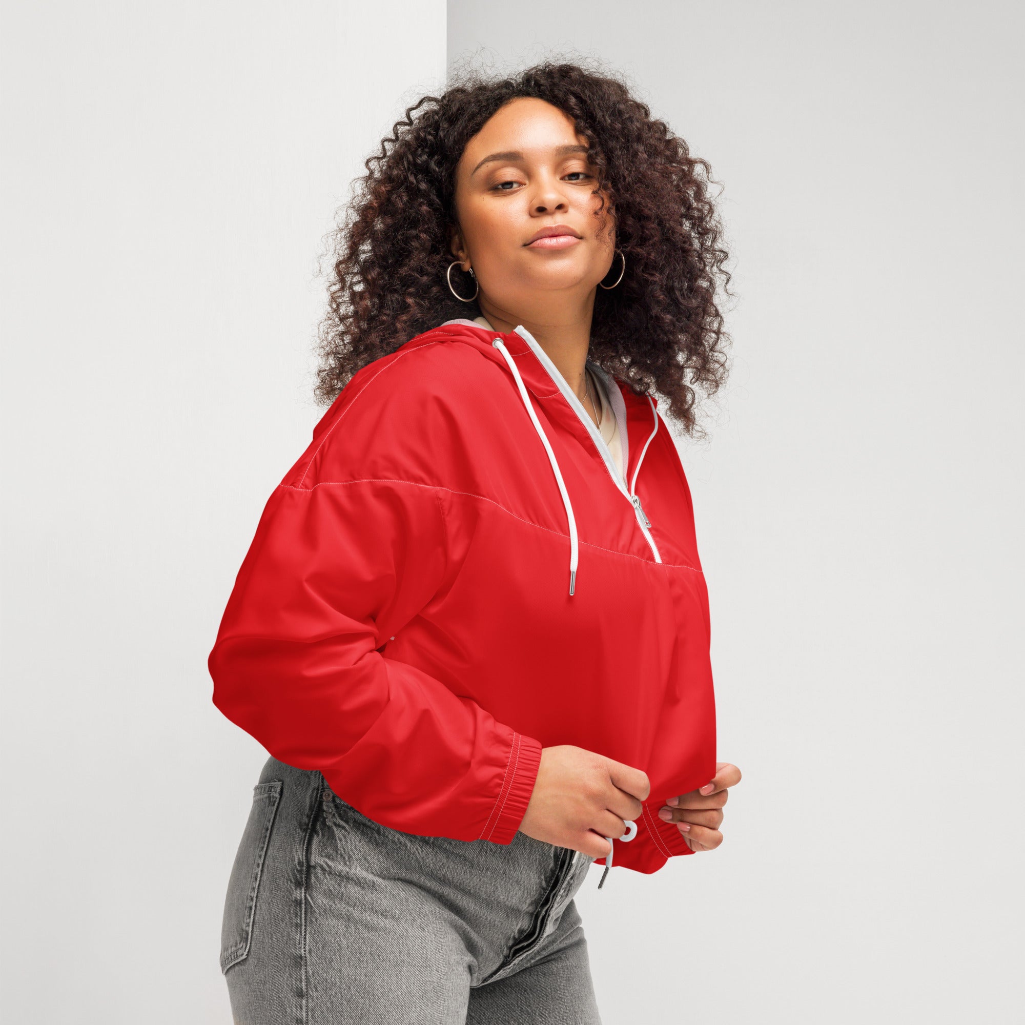Women’s red cropped windbreaker with white drawstrings and zipper lightweight water resistant jacket with hood and pockets