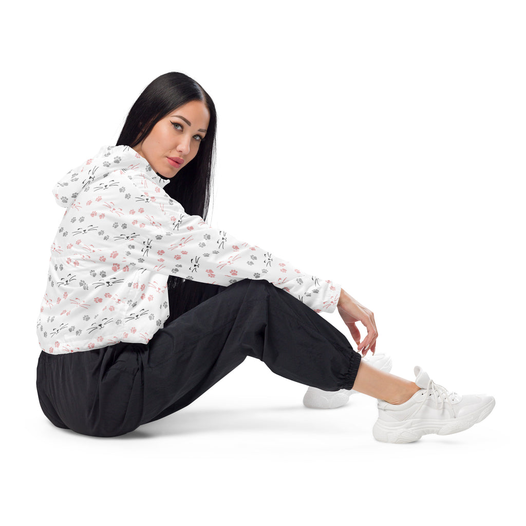 Women’s white hooded lightweight windbreaker with pink and gray cat silhouettes and paw prints pattern