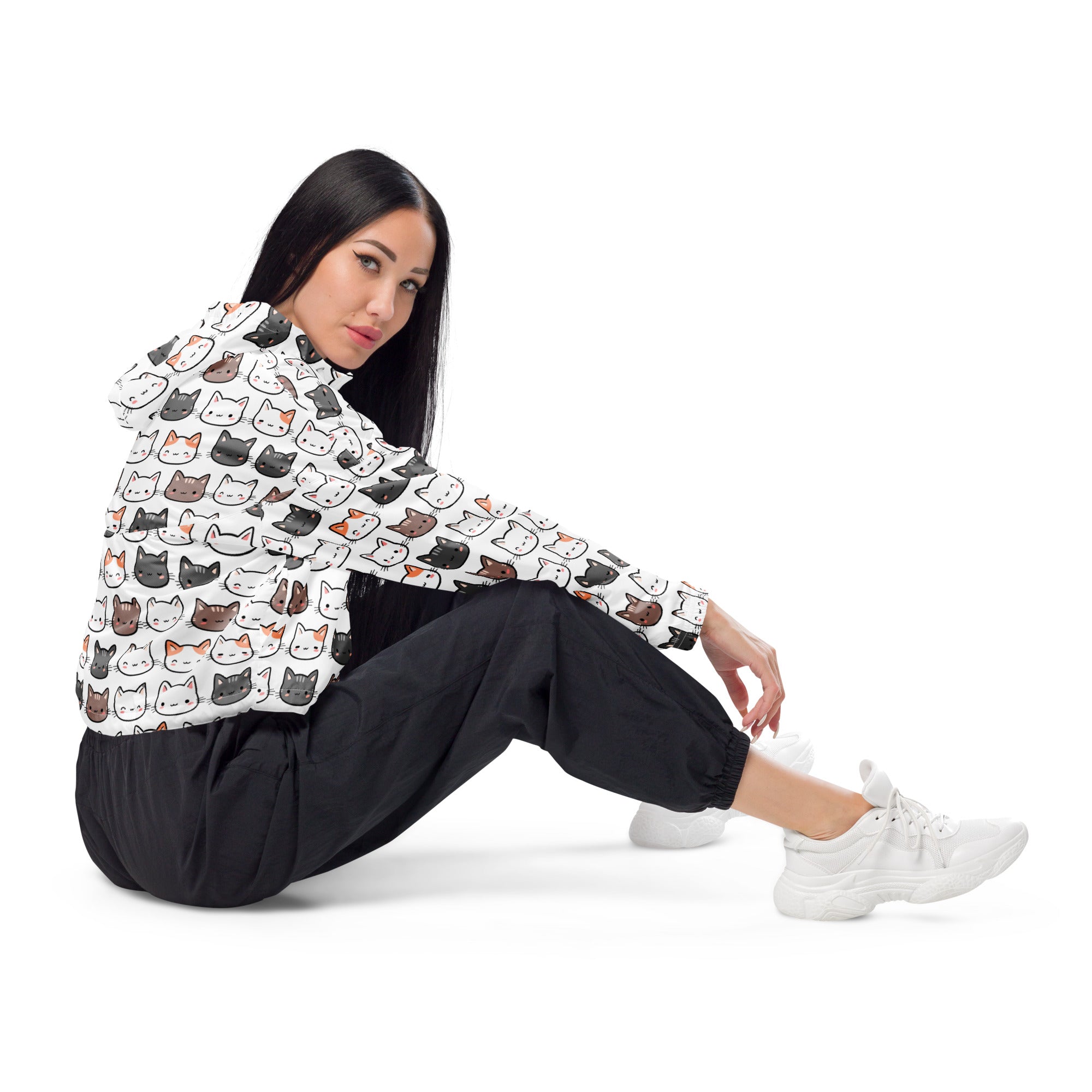 White hooded women’s cat cropped windbreaker featuring lightweight water resistant material and multicolored cartoon cats