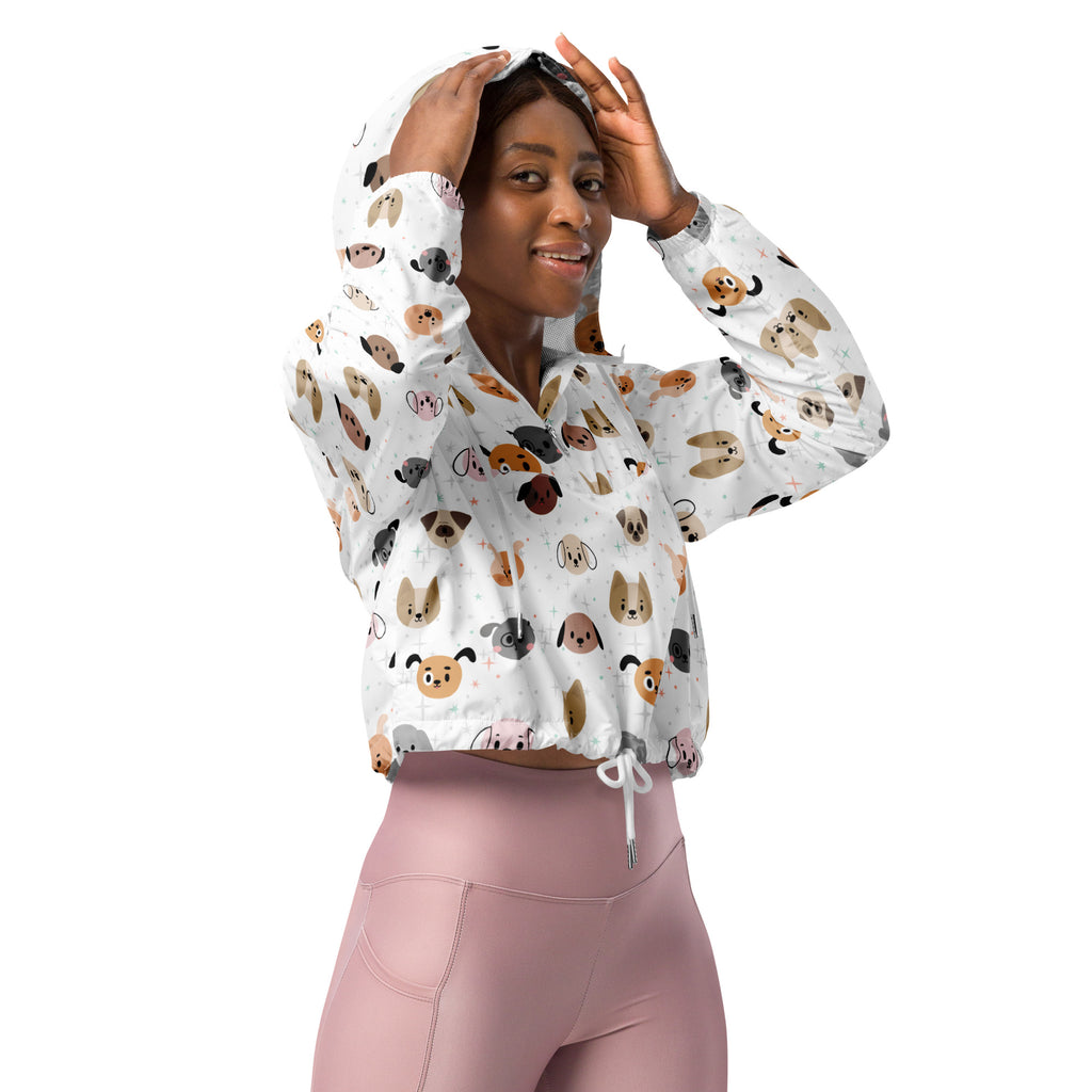 White cropped hoodie with playful multicolor cartoon dog pattern lightweight water resistant with adjustable hood and pockets
