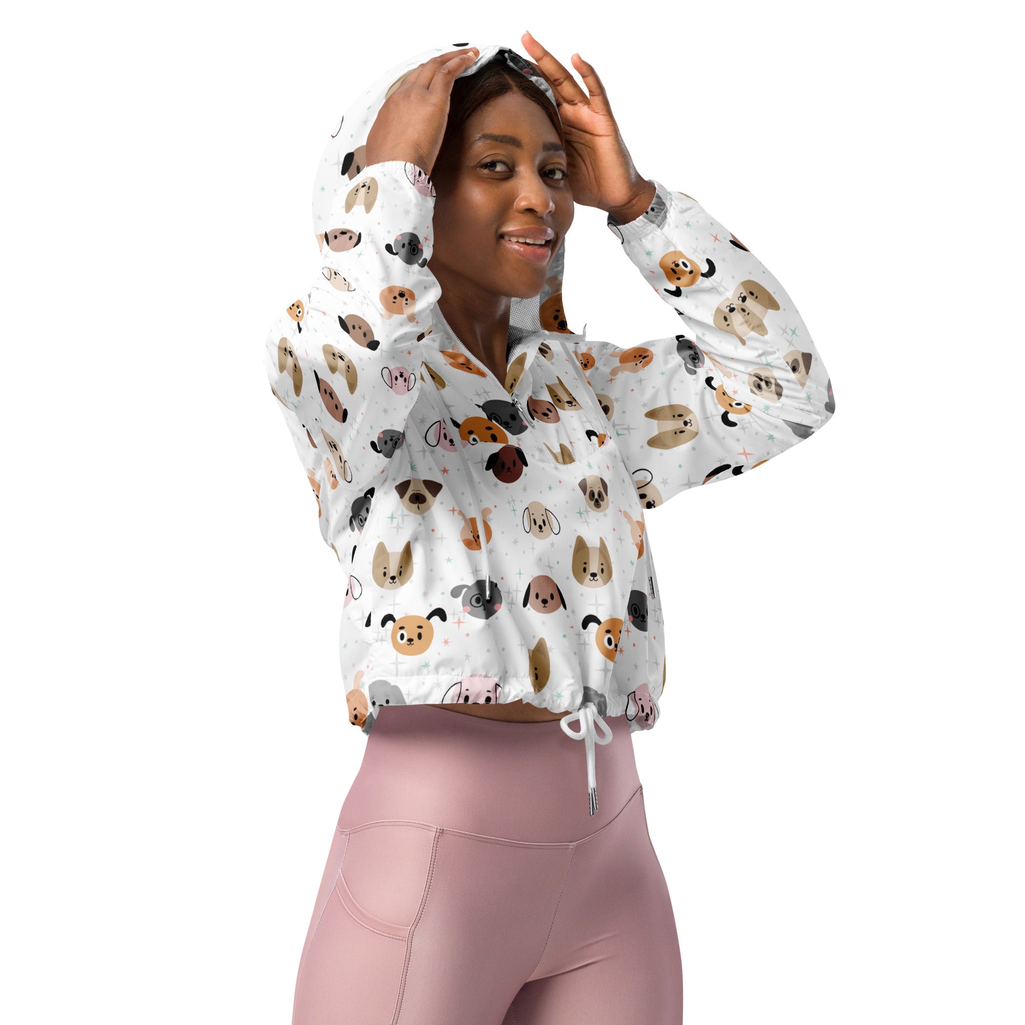 White cropped hoodie with playful multicolor cartoon dog pattern lightweight water resistant with adjustable hood and pockets