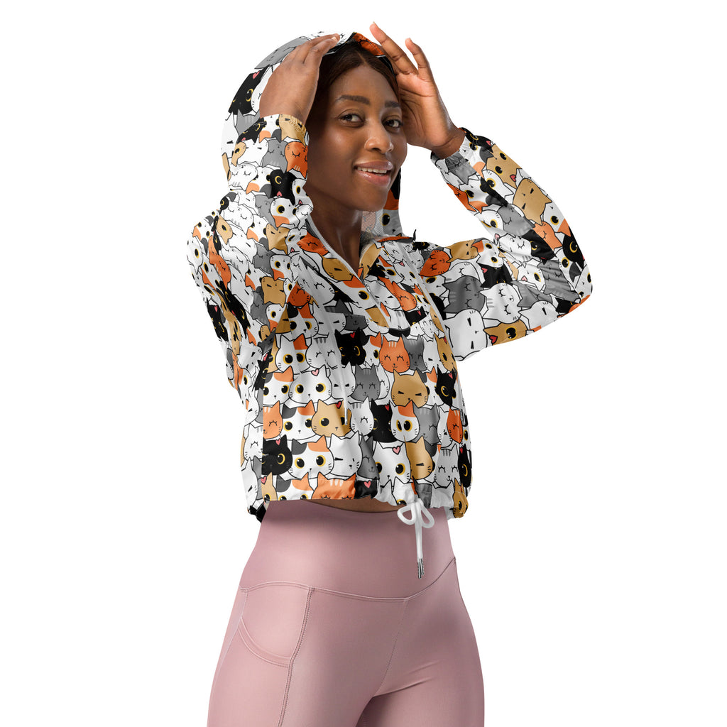 Women’s lightweight water resistant cropped hoodie with adjustable hood and colorful cartoon cat pattern on light background