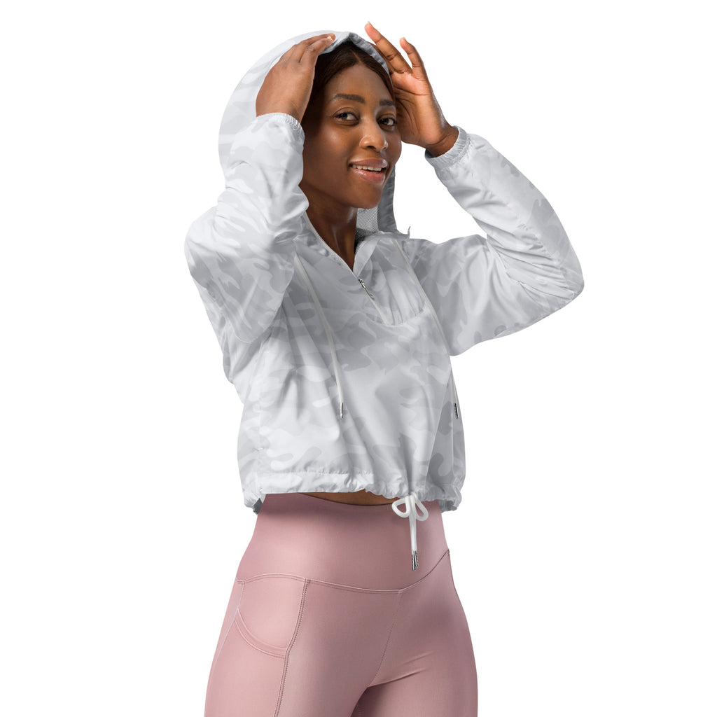 A light gray white camouflage cropped windbreaker jacket with hood and drawstring waist for women