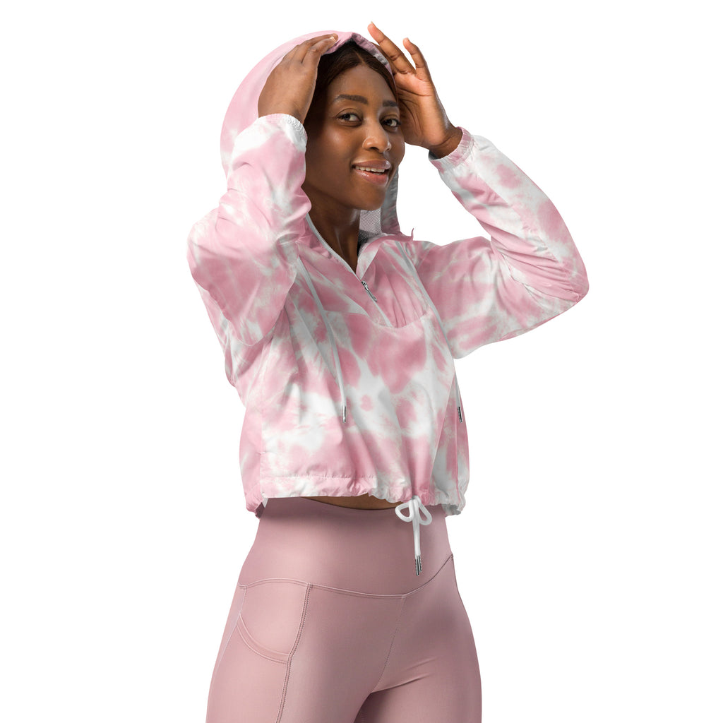 Women’s pink and white tie dye cropped hoodie with drawstring waist lightweight windbreaker with adjustable hood and pockets