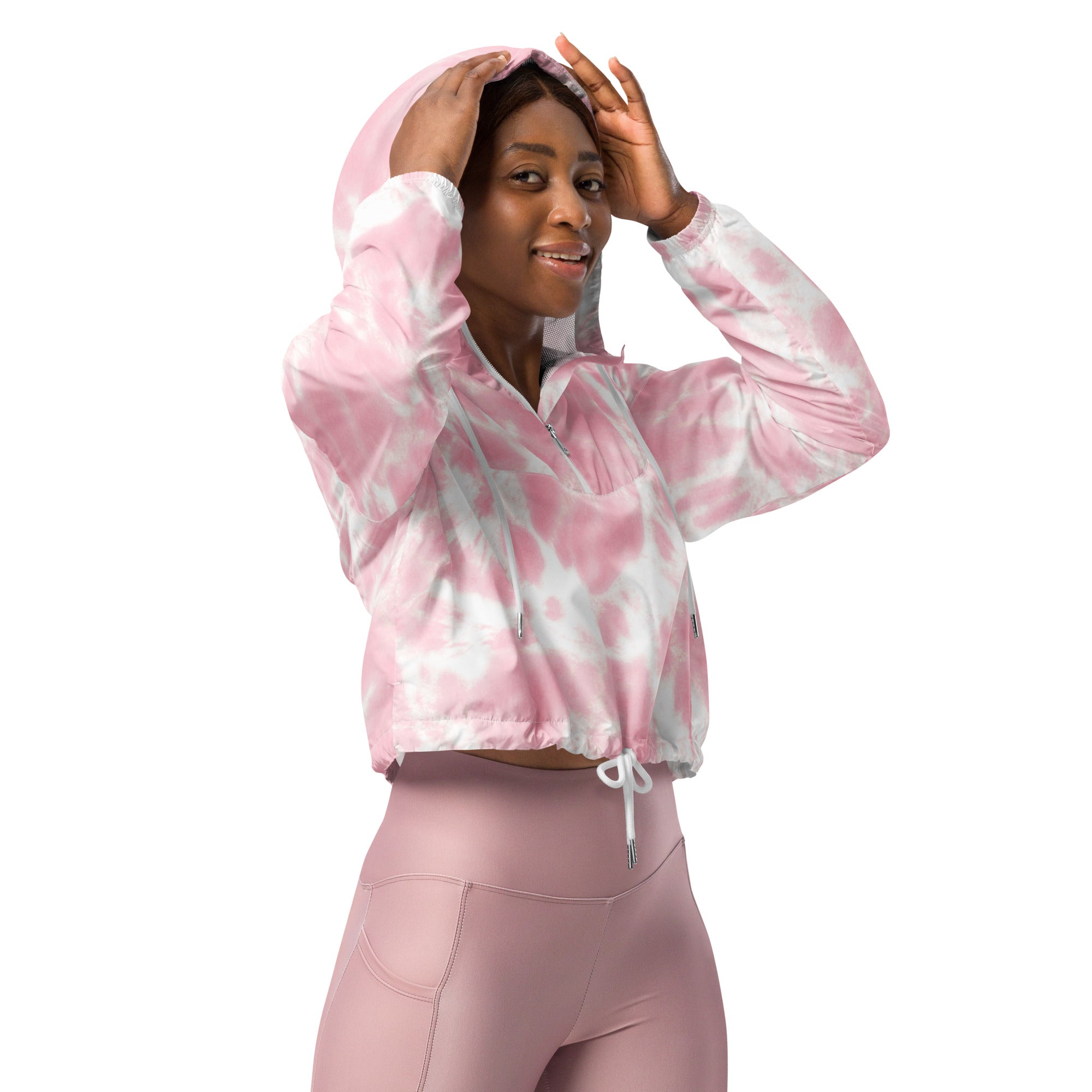 Women’s pink and white tie dye cropped hoodie with drawstring waist lightweight windbreaker with adjustable hood and pockets