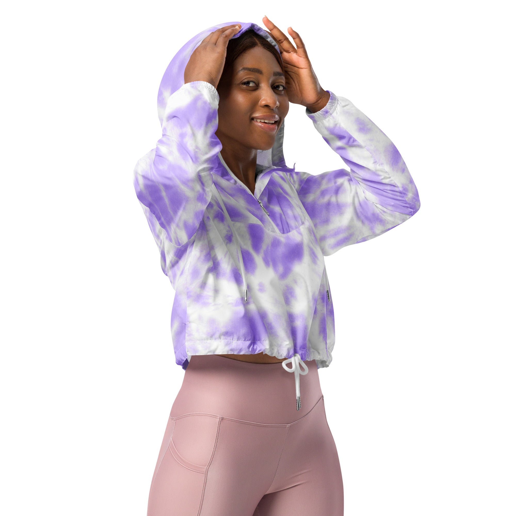 Women’s purple and white tie dye cropped hoodie with drawstring waist lightweight windbreaker with pockets