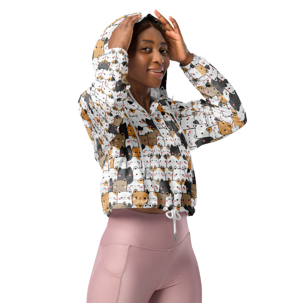 White women’s kawaii cat cropped windbreaker with playful cartoon cat pattern lightweight water resistant jacket