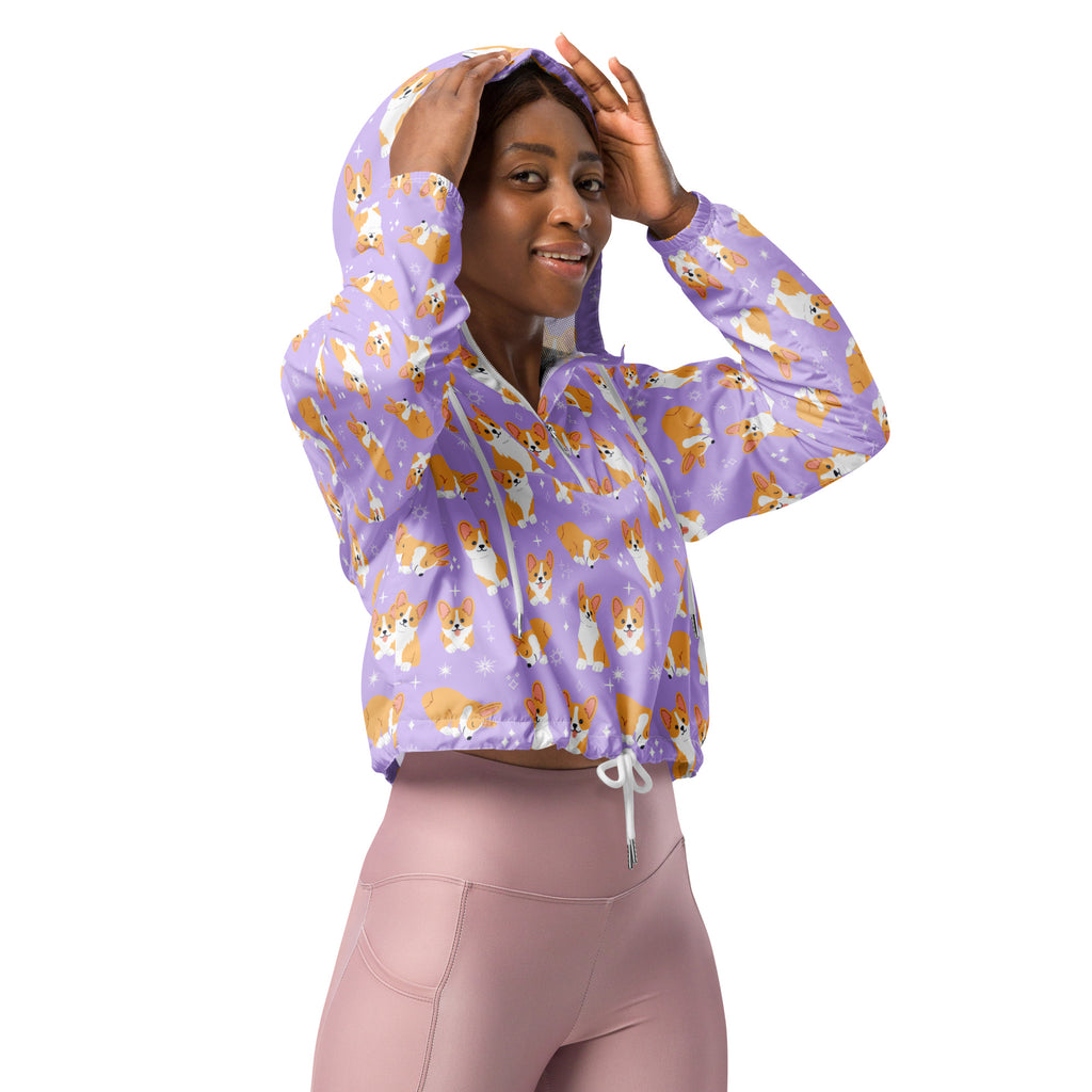 Women’s purple corgi dog cropped windbreaker with playful orange white corgi pattern and star accents, adjustable hood and pockets
