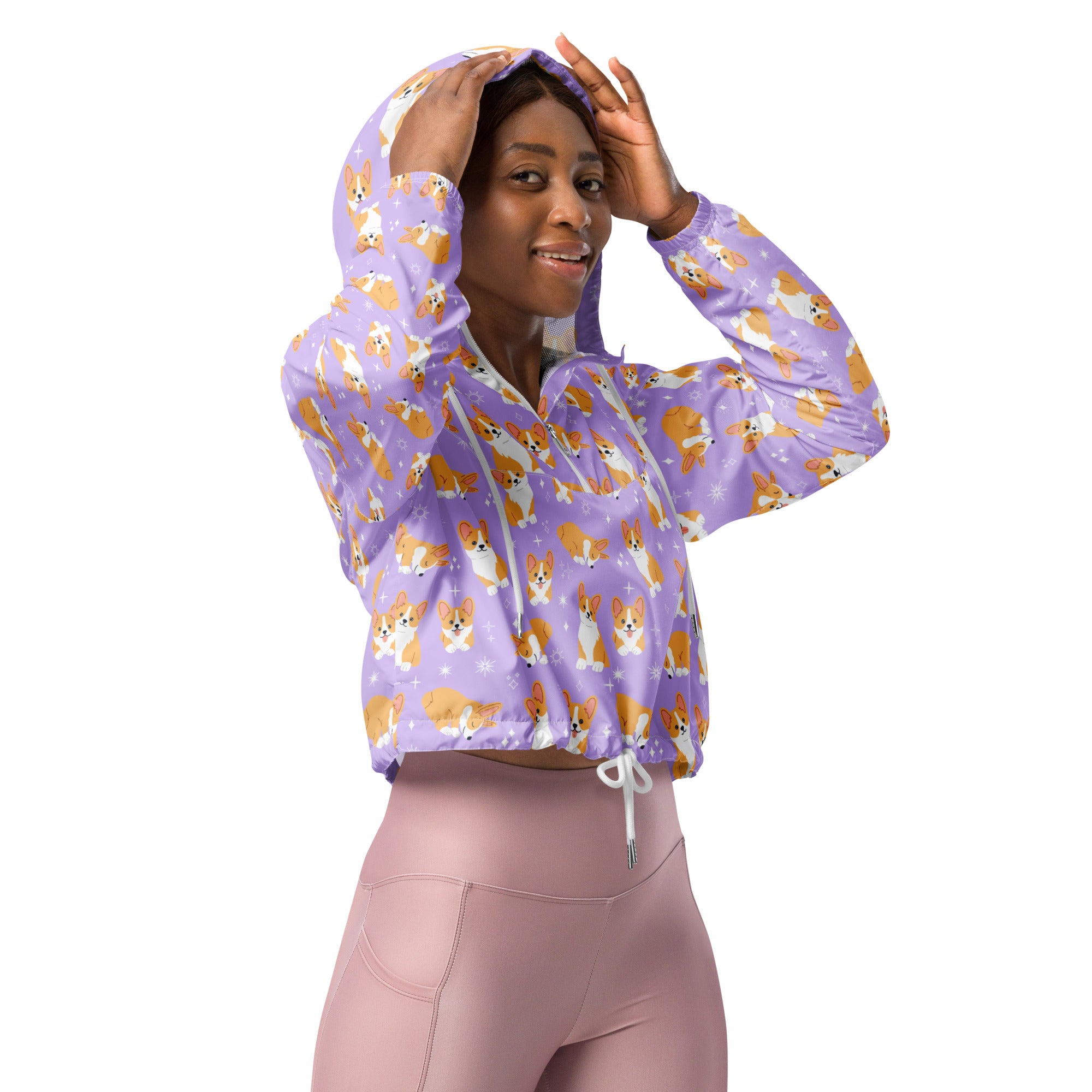 Women’s purple corgi dog cropped windbreaker with playful orange white corgi pattern and star accents, adjustable hood and pockets