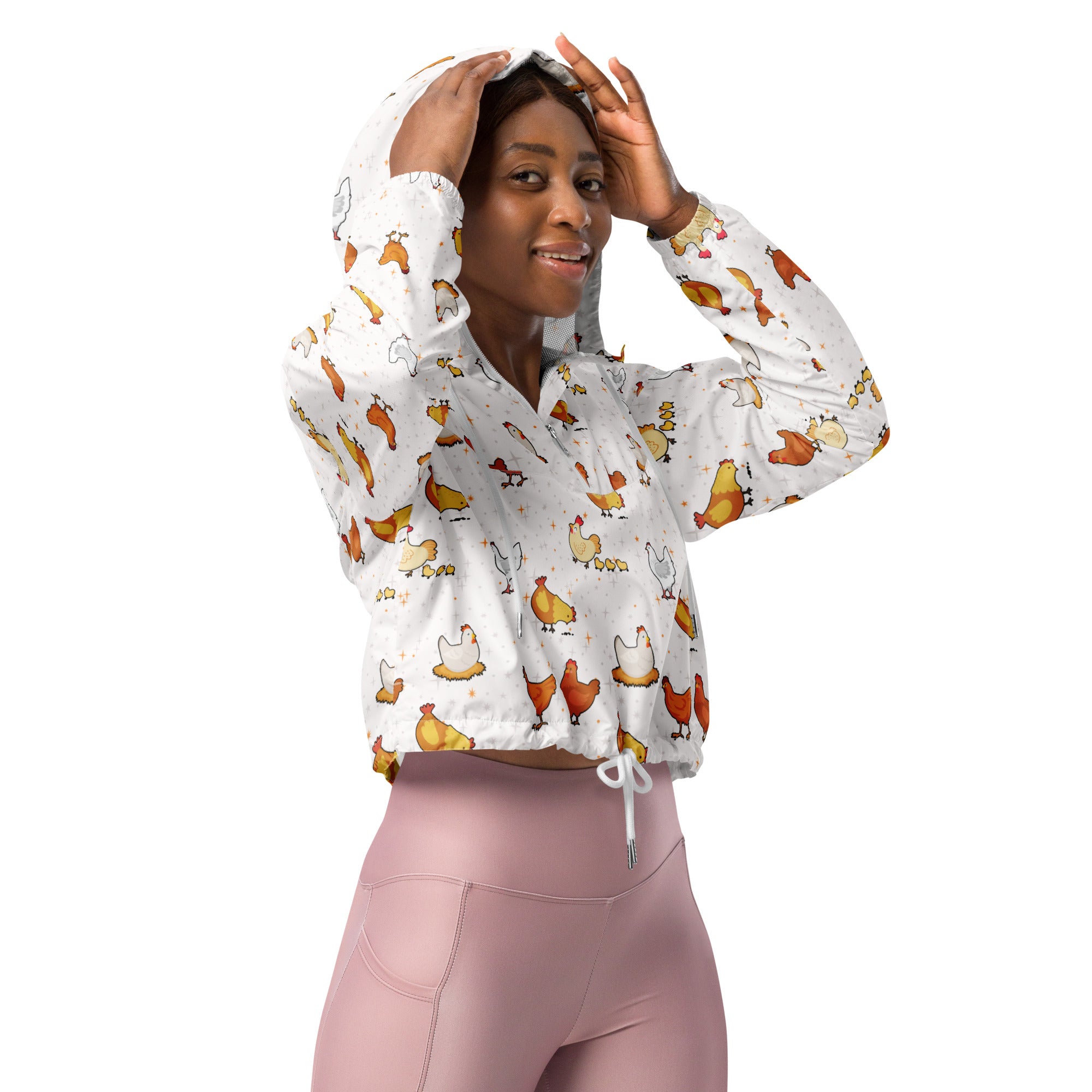 White women’s cropped windbreaker hoodie with playful orange brown and yellow chicken print lightweight and water resistant