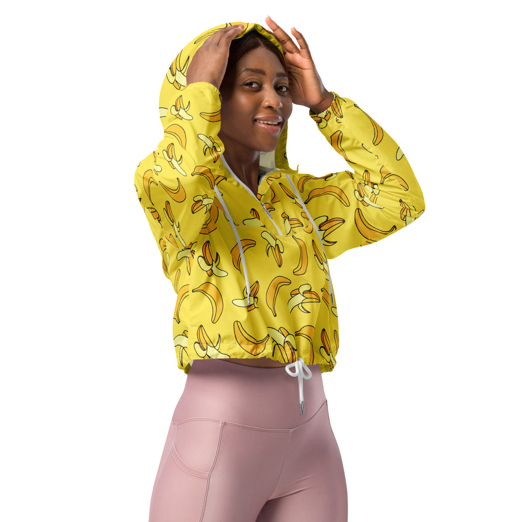 Women’s yellow banana cropped windbreaker with white drawstrings gray lining lightweight water resistant jacket