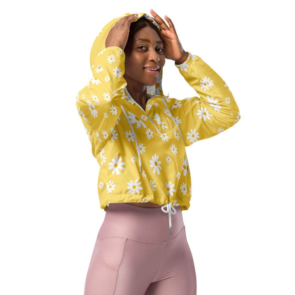 Women’s yellow daisy cropped windbreaker lightweight water resistant hoodie with drawstring hood and pockets