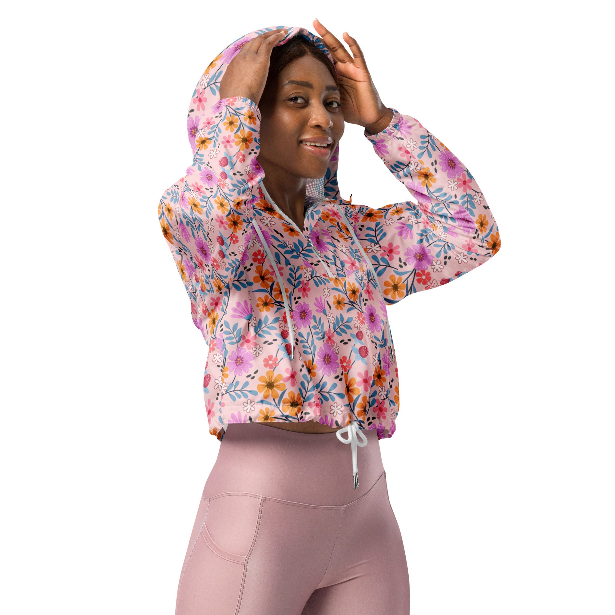 Women’s pink floral cropped windbreaker with vibrant purple orange blue pattern lightweight water resistant jacket