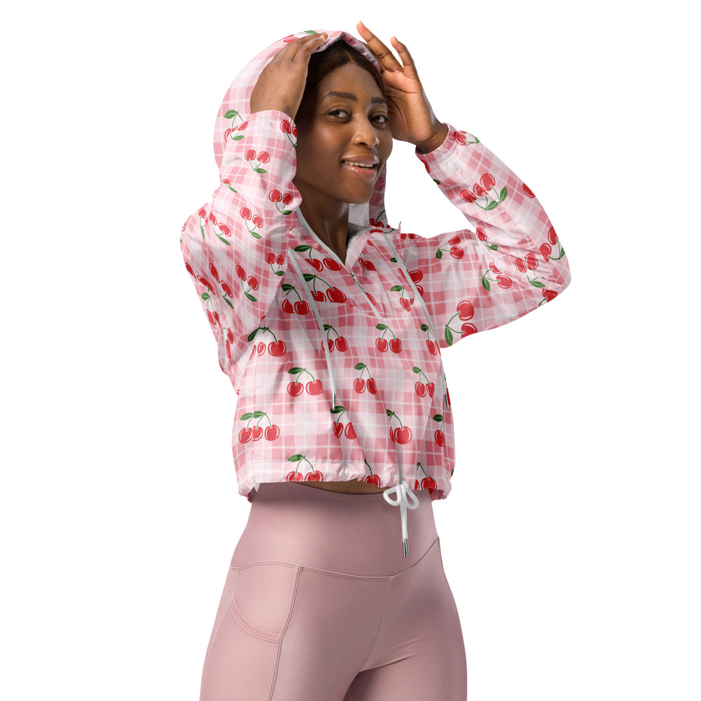 Women’s pink cherry plaid cropped windbreaker with adjustable hood white drawstring lightweight water resistant jacket